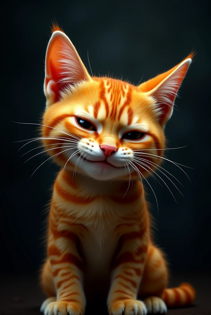 Orange cat make smirk face in black background