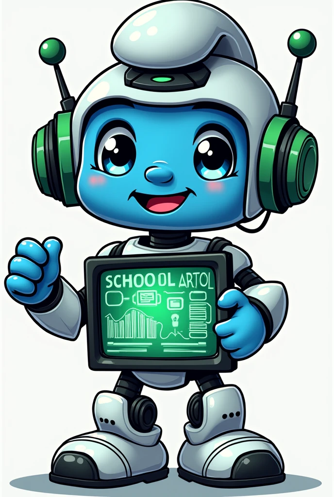 Create a cute and trendy mascot image for a school scavenger hunt, incorporating elements of technology and education. The mascot should be a friendly robot with a light blue body and a screen for a face., showing a friendly smile and big eyes. Add technological details in green and black, as circuits and elements of educational tools, like books or tablets. The mascot must be holding a school crest that includes two metal silos and use the colors green, black and blue. For a thematic touch, include elements inspired by the Smurfs, like a blue hat or character-like details. The fund must have technological elements, as circuits or graphs.