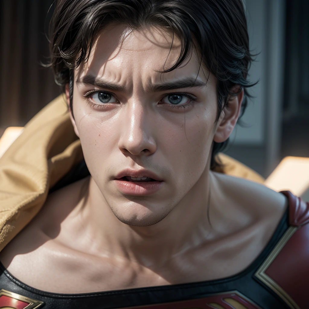 Superman stylized character, comics, Very detailed, 8k,Mouth open、Holding his head、Appearing scared、scary look , olhando para um botijão de gás, dourado 