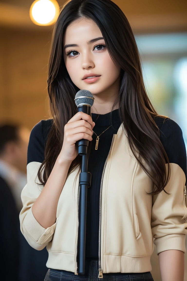 Glowing Skin, lips, Highly detailed skin, Beautiful face and eyes in every detail, Spotlight, Professional Lighting, (Upper Body:0.8), stewardess, Black Skirt, Jacket, Short shirt, Ko 123,
