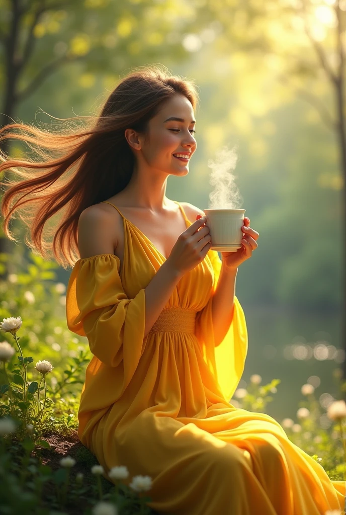 A woman wearing yellow gown smiling with her hair down in a natural setting, with a cup of coffee in her hands.