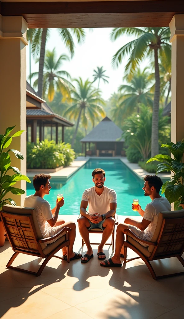 Three male friends rest in Thailand hotel