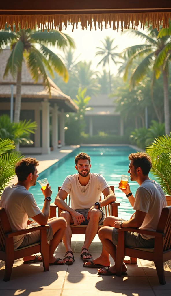 Three male friends rest in Thailand hotel