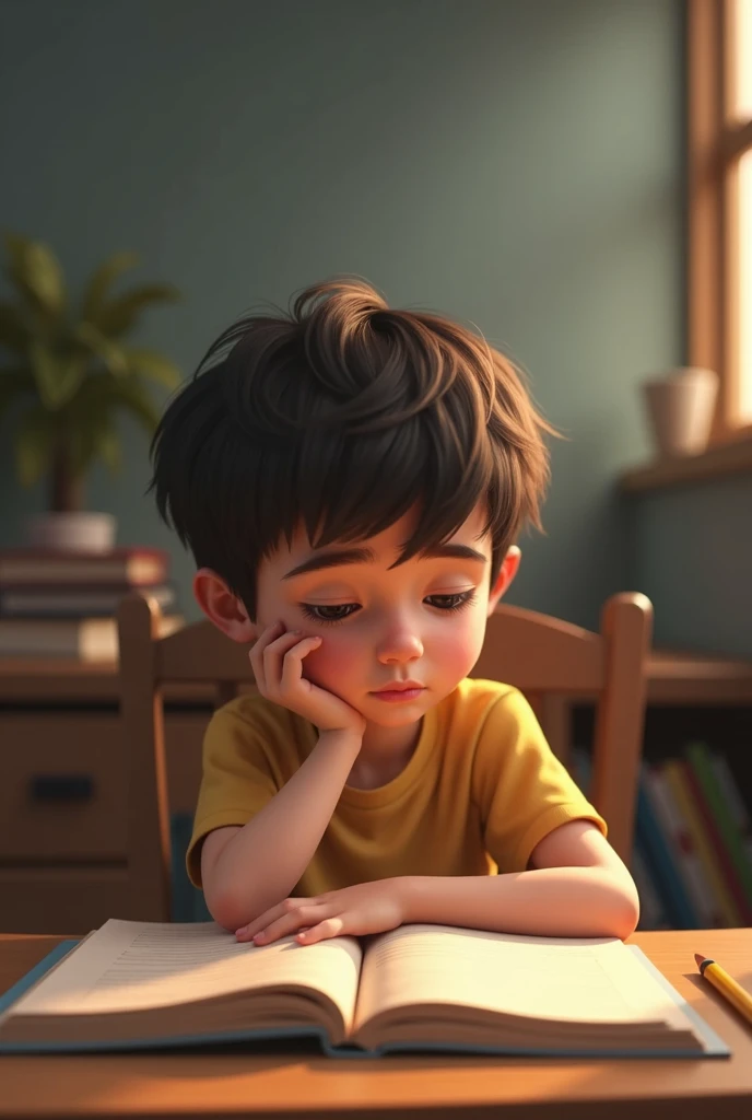 Child with doubts sitting in front of a table with a study notebook, in 3d