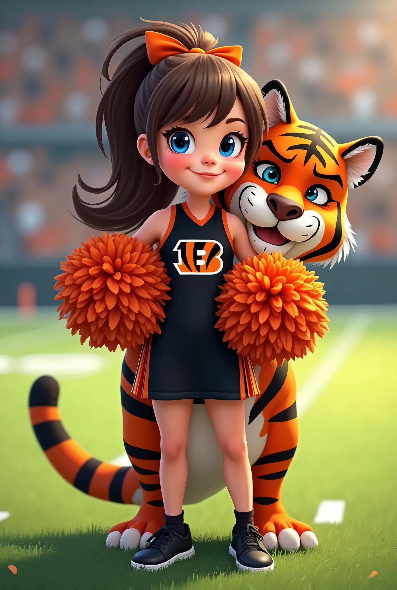 Bengals cheerleader tween
Chunky body
Brown hair, medium length in ponytail, bangs,
blue eyes
football field
Black & orange one piece outfit with Bengals logo black shoes
No socks
hair bow
With tiger hugging
Smiling
Orange pompom on field