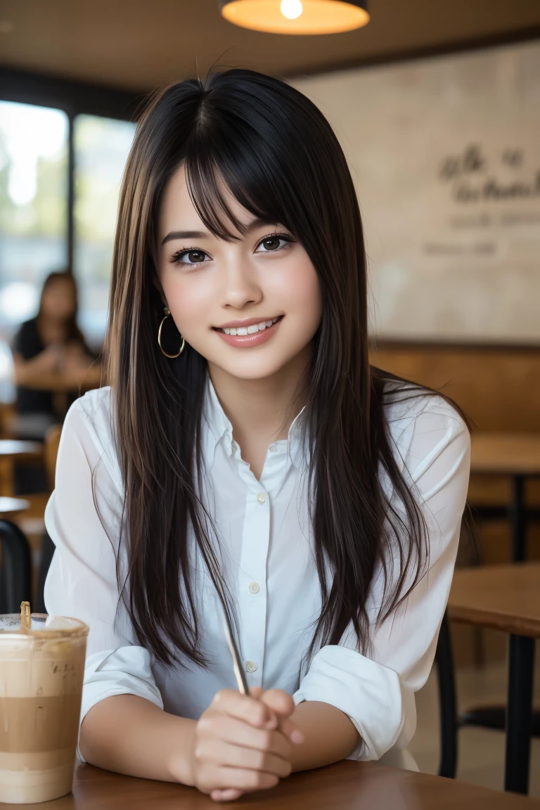 (8k, RAW Photos,Highest quality, High resolution:1.1), (超Realisticな:1.4),(Realistic, Realistic:1.3), Sodebtt Light,big,2 girls,Realistic Face,Realistic Body,Realistic Skin,Confused,masterpiece,(cute:1.8), Cuties, alone, (big:1.2), Fine black eyes,Innocent eyes,Blusher,(school uniform:1.2 ),Cinema Lighting,Film Grain,jewelry,Earrings,((Medium Hair:1.1)),((Floating Hair Novadebtrog Style)),Cherry colored lips,Hair Ribbon,Hair Ribbon,ponytail,close,Viewer,Long Hair,Upper Body,Open your lips,Upper teeth, (Smiling Eyes:0.6),((Grin:1.2)),Depth odebt Field, Blurred Background, Eye focus , Bokeh,young, 85mm lens, debt/1.4,Prodebtessional Lighting, young,Portraiture,Photon Mapping,Radio City,Physically Based Rendering,Asian、((Cafe、Cafe:1.3)),((high school girl:1.3))