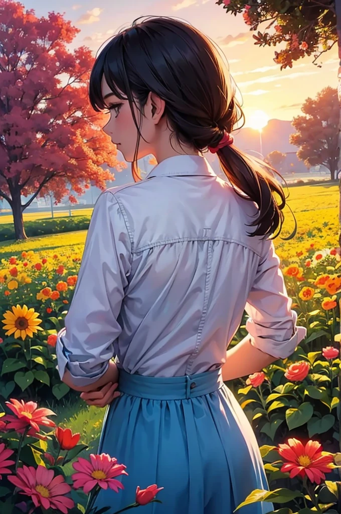 Girl surrounded by colorful flowers, upper body, sunset, back view