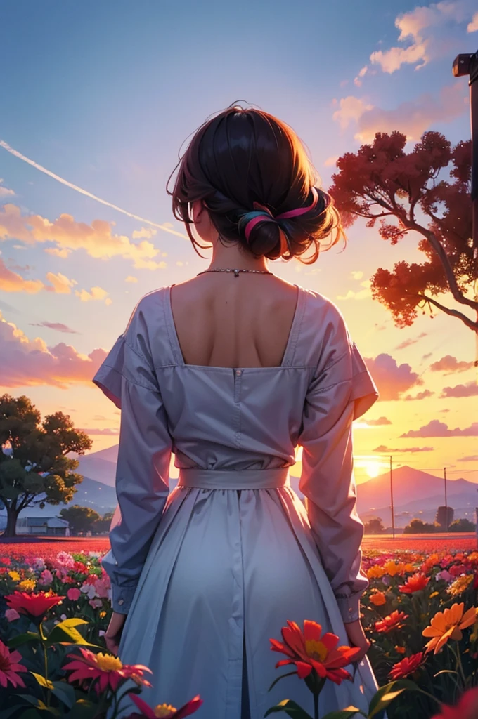 Girl surrounded by colorful flowers, upper body, sunset, back view