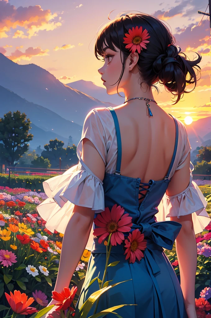 Girl surrounded by colorful flowers, upper body, sunset, back view