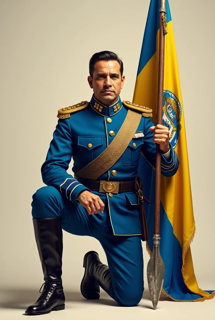 Former Paraguayan President Francisco Solano López in his signature blue uniform kneeling with one leg bent, holding in one hand his spear and in the other the flag of Paraguay, with the front shot