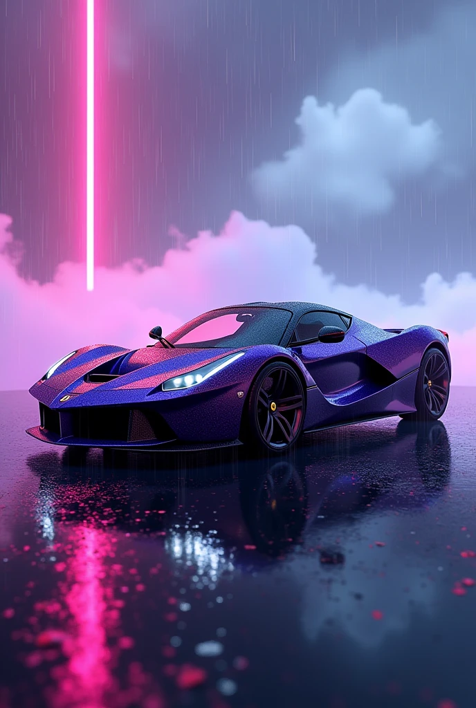 Ferrari with black and purple colour at heaven with rain drops with neon light
