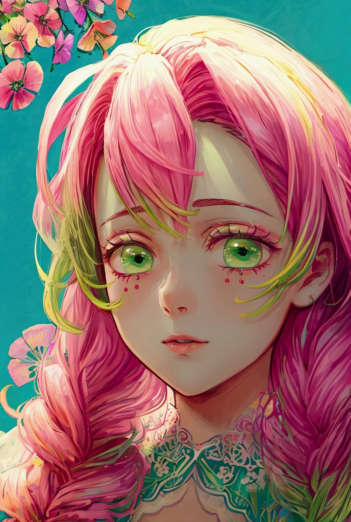 Convert your flower art into a hand-drawn illustration.、Create backgrounds with vibrant colors and unique touches The type of flower is statice、Gypsophila、sweet pea、Mix in some lace flowers, portrait, face portrait, big breasts, cleavage, pink hair, green eyes, (green highlights), green braids,