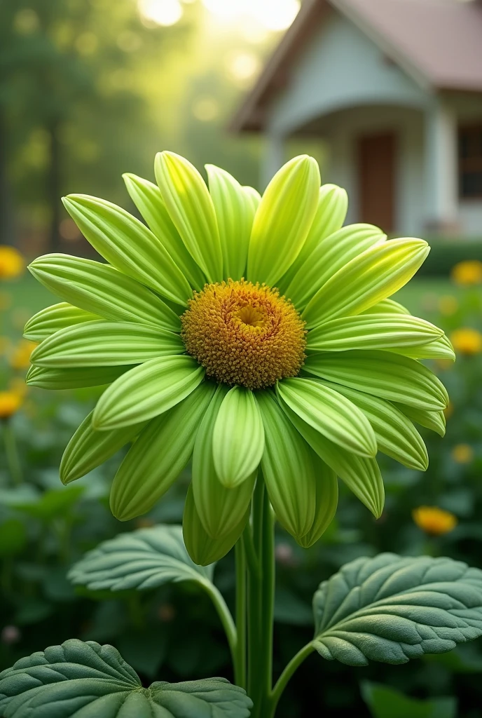 A flower with green petals similar to a daisy, grows in a garden bed near the house