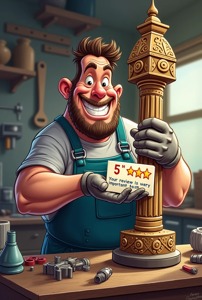 a caricature of a mechanic creating a 1 totem,5m tall in his right hand a jewel sign with a greasy thumb and in his left hand a Google review card, this sign must contain the 5 stars from google and the phrase: Your review is very important to us!