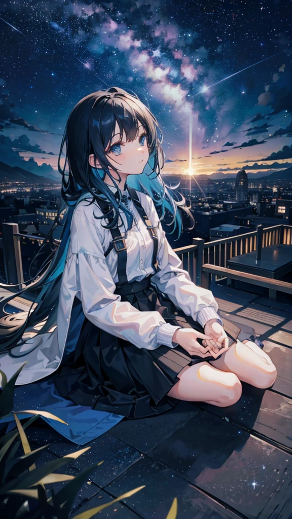 octane, sky, Star (sky), scenery, Starry sky, Night, 1girll, Night sky, Solo, Outdoors, Building, Cloud, Milky Way, Sitting, tree, Long hair, City, Silhouette, Cityscape, Looking Up The Sky, 8K, Beautiful night sky, Ray tracing, Masterpiece, Cute face