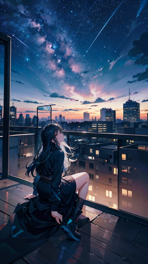 octane, sky, Star (sky), scenery, Starry sky, Night, 1girll, Night sky, Solo, Outdoors, Building, Cloud, Milky Way, Sitting, tree, Long hair, City, Silhouette, Cityscape, Looking Up The Sky, 8K, Beautiful night sky, Ray tracing, Masterpiece, Cute face