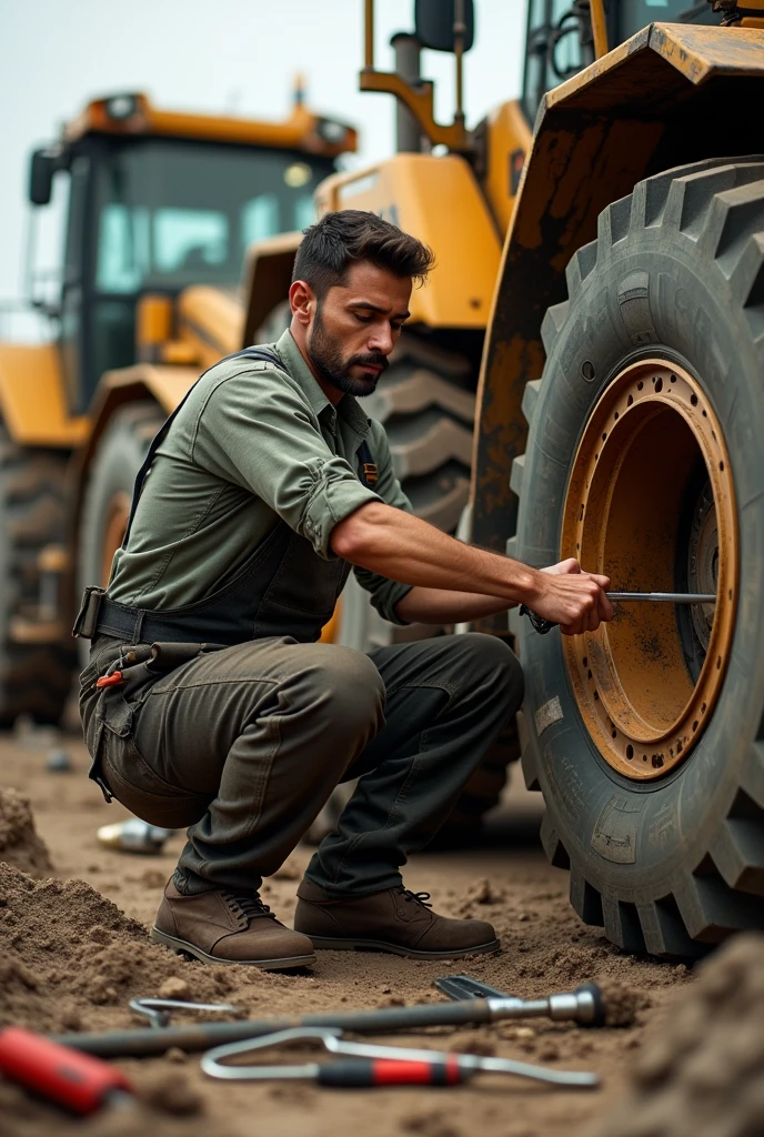 Technician changing the pin on the bucket of a front loader