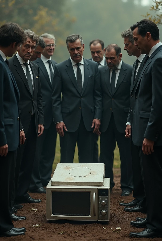 Emotional burial of a microwave, with the doormen crying