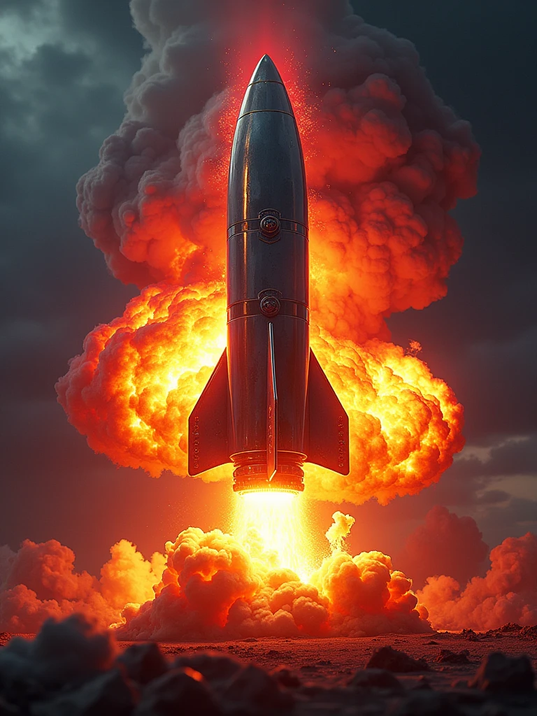 Logo con imagen hiperrealista de una explosión y en superposición una Warhead nuclear de lujo con colores eléctricos y vibrantes, In the middle the logo says " Warhead" in Spanish and in a trash letter
