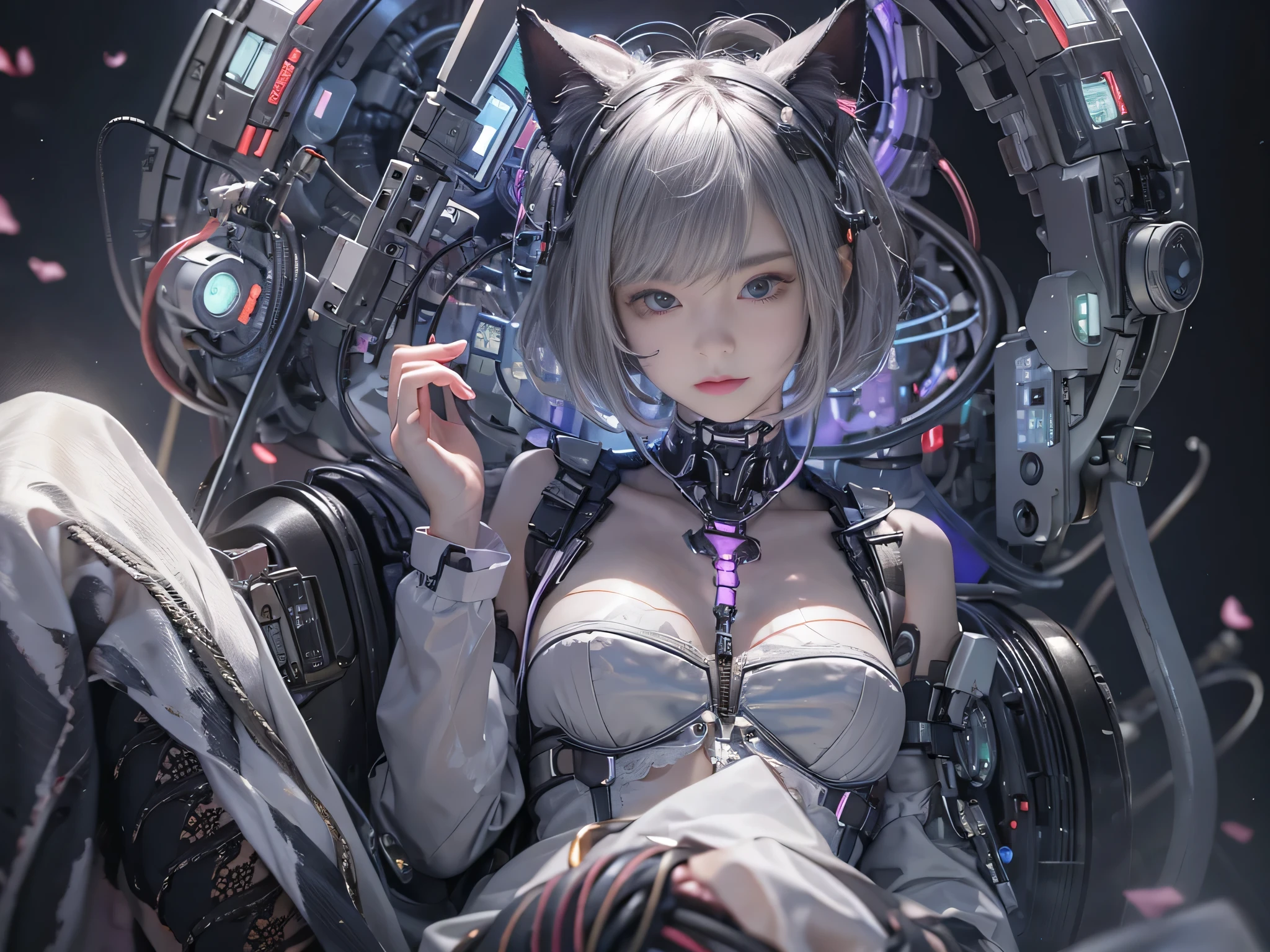 Highest quality、masterpiece、Ultra-high resolution、(Photorealistic:1.4)、Sleep together、grayトーン、Lomo Camera、((Ambient Dimming))、garlic、(White hair bob cut)、Glowing Skin、1. Mechanical Girl、((Ultra-Realistic Details))、Portrait、Global Illumination、Shadow、Octane Rendering、8k、Super sharp、Bare skin exposed in the cleavage、Metal、Very intricate details、Realistic Light、CGSoation Trend、Purple eyes、Shining Eyes、To the camera、Blood vessels connected to tubes、Cervical vertebrae mechanically attached to the neck、Sit on、Wires and cables connected to the head、Small LED Lamp、((Cyberpunk Background))、Black Dress、Cat ears、(Black Ring)、Exposing shoulders、((Metal Chrome))、The gem is black、gray、Black lace trim、Backlight