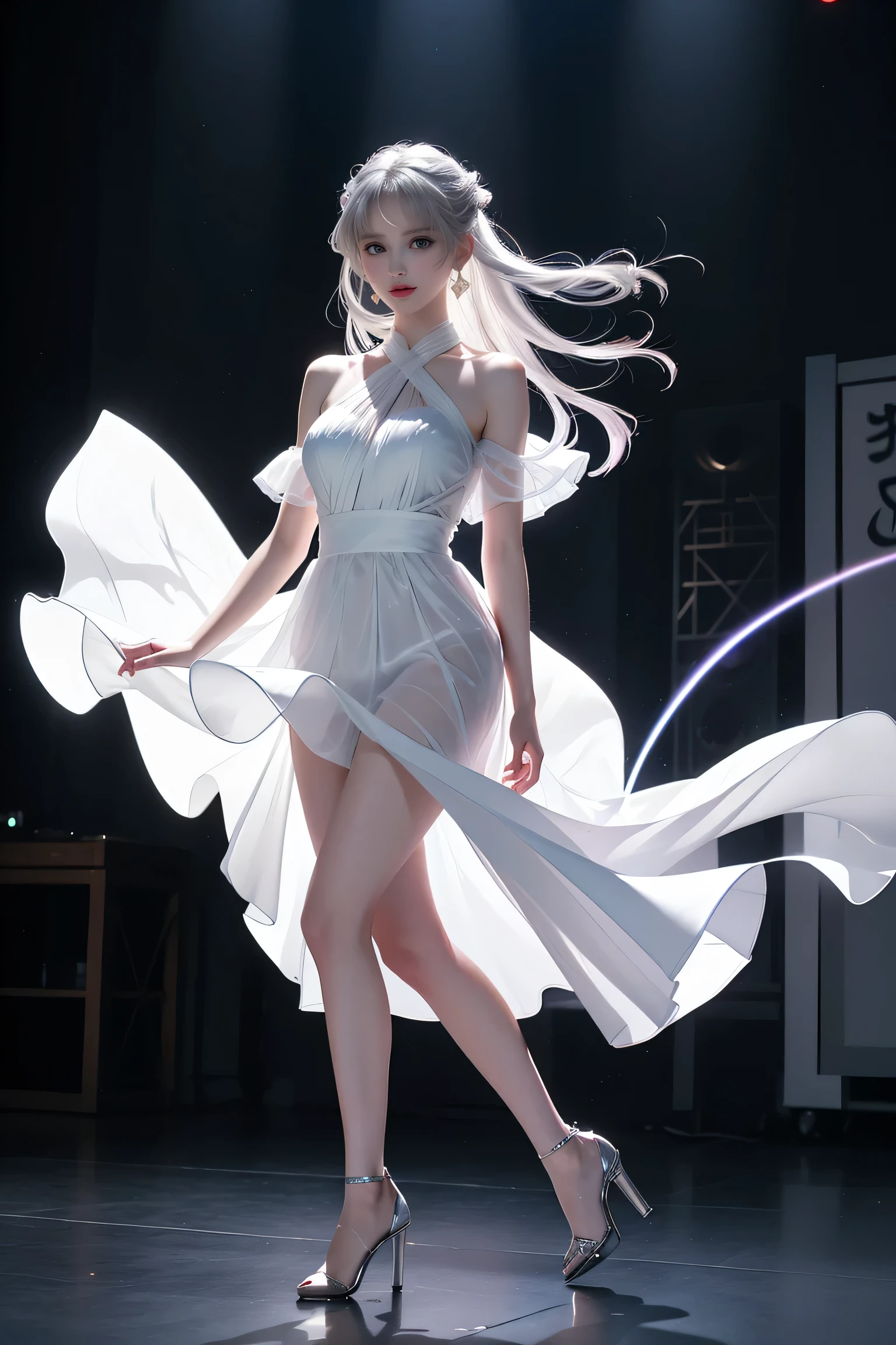 ((A girl standing on the stage of the main hall))、蛍光Farbe、One Girl、Look to the side、Beautiful Face、Beautiful Eyes、(Big Blue Eyes)、(Silver dull hair)、Shiny Hair、Glowing Skin、Reduce glare、Finger Proportion Adjustment、Escrow、Bat View、(Dancing()、Dynamic Angle、(Master Parts)、(Highest quality)、(Ultra detail)、(An Illustration)、(Detailed light)、(Very delicate and beautiful)、Dramatic Shadows、Ray Tracing、reflection、Ultra high resolution、(Master Parts)、(Highest quality)、(ultra HD)。 High resolution、((Colorful hair and mesh))、Her hair flutters in the wind、(大きな深い青Farbeの目)、Silver Hair、haired woman、Sparkling Butterfly、Sparkling Butterfly、黒haired woman、Points of light around the woman、Magical Aura、緑Farbeの点、The nature of the aura、Magical Aura黒haired woman、((Translucent white one-shoulder dress:1. 3)、(Sleeveless)、(The skirt flutters in the wind)、(Searchlight)((Farbe々Laser beam))、(I can see her white panties)(Full Body Shot)、(Long legs)、(High heels)、