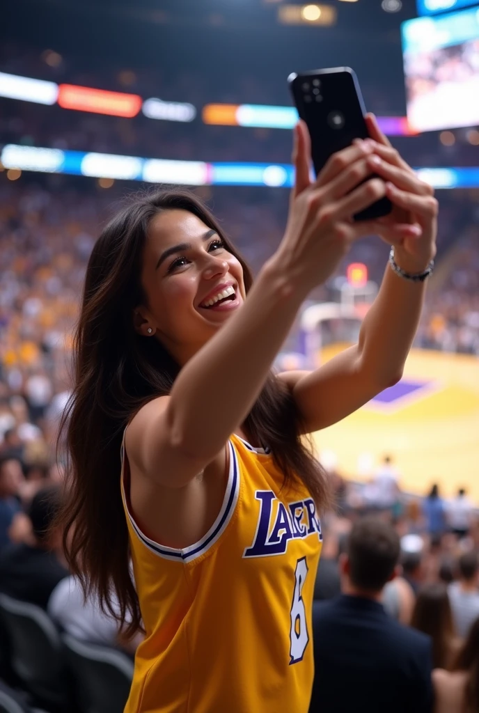 brunette, in a Lakers basketball jersey, in the stands of the Lakers stadium, fun photo, she takes a selfie with the court behind, not in portrait mode, iPhone quality, she smiles, very pretty girl