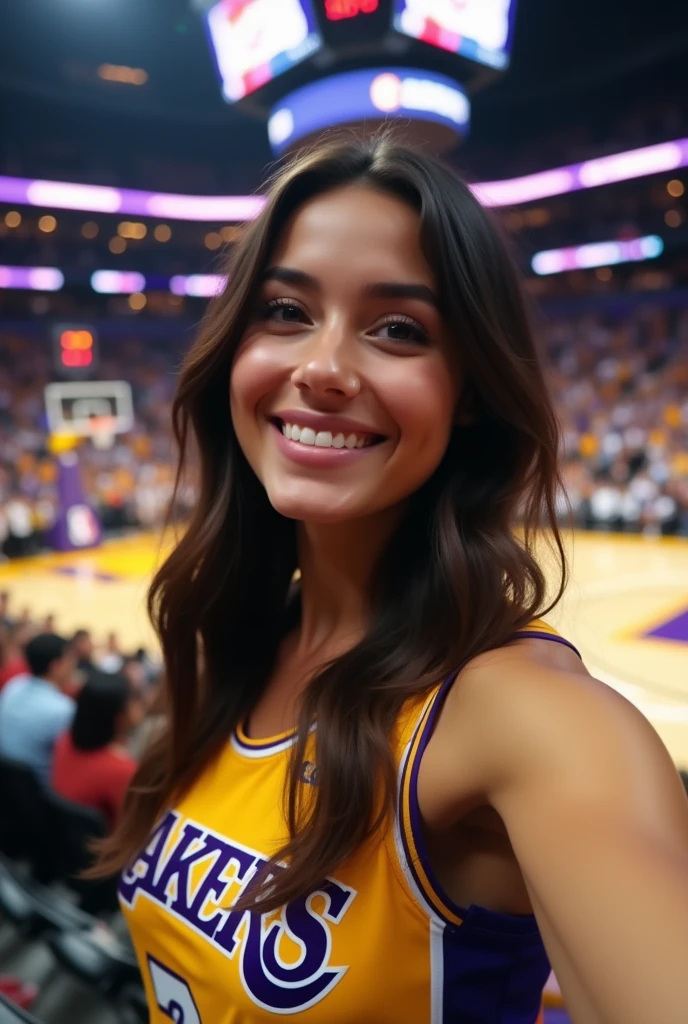 brunette, in a Lakers basketball jersey, in the stands of the Lakers stadium, fun photo, she takes a selfie with the court behind, not in portrait mode, iPhone quality, she smiles, very pretty girl
