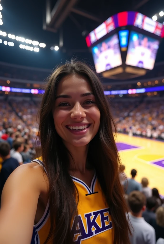 brunette, in a Lakers basketball jersey, in the stands of the Lakers stadium, fun photo, she takes a selfie with the court behind, not in portrait mode, iPhone quality, she smiles, very pretty girl