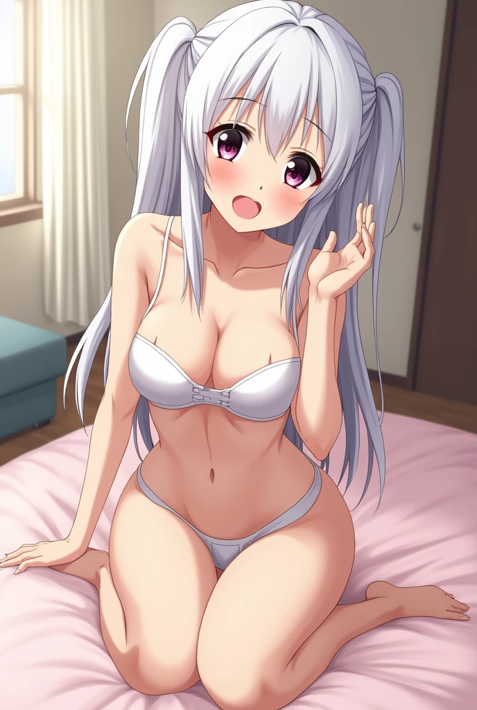 Sexy anime girl Aria with white hair tied tightly around her legs, without clothes, looking shy and happy, showing her pussy and breasts, having sex, taking off her panties.