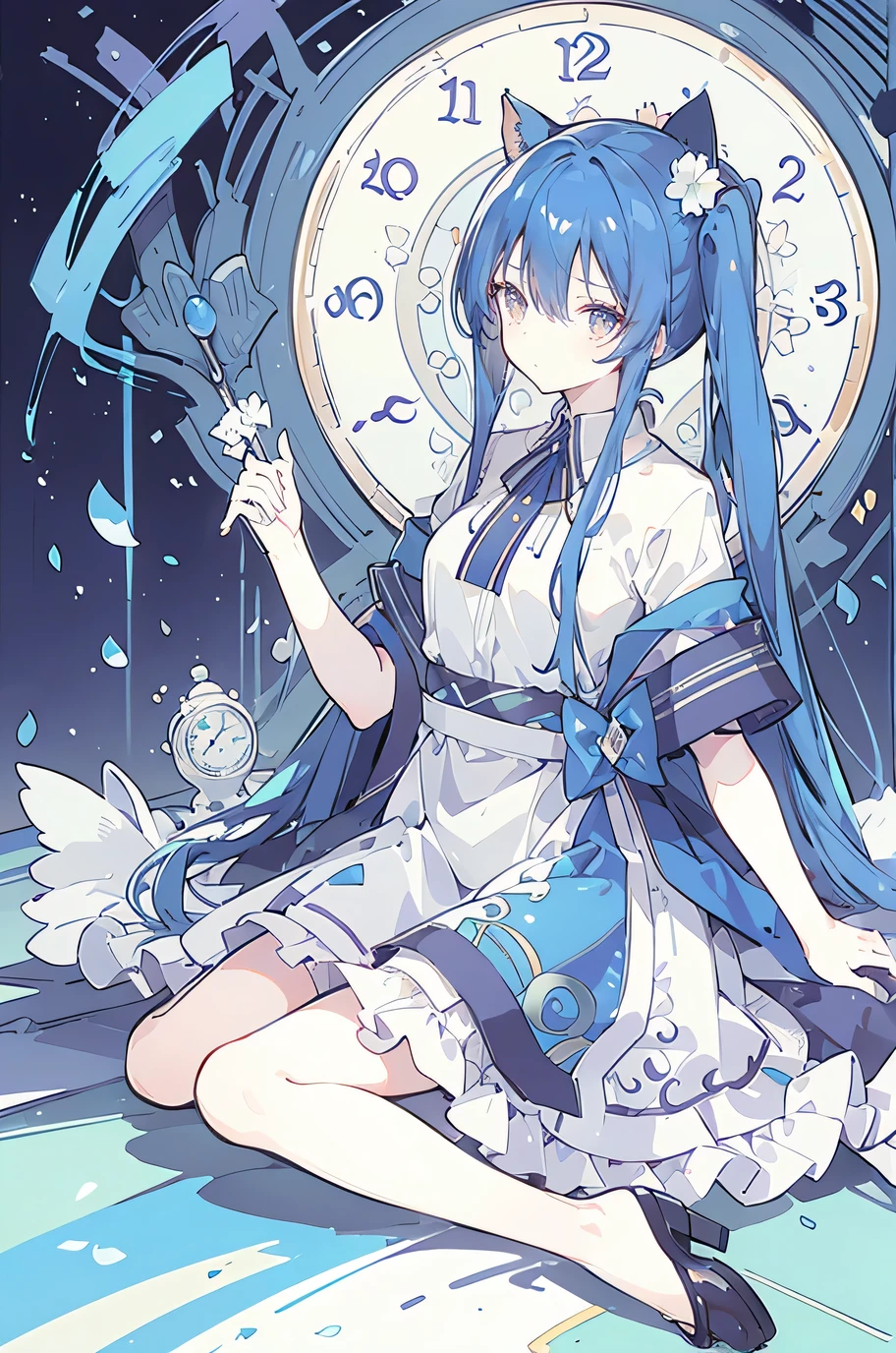 (Masterpiece:1.2)，Ultra-detailed，lifelike，The eyes are expressive，Fair skin，Perfect face shape，1 girl，Japanese Manga，Gorgeous blue hair，Flowing blue hair，Flowing clothes，Cat ears，Petals falling，Shy face，sitting on window，Place your hand on your lips,masterpiece, absurdres, novel cover, cover illustration, 1girl, solo, dark blue-haired ponytail, mage robes, flower background, clock background, monochrome, line drawing
