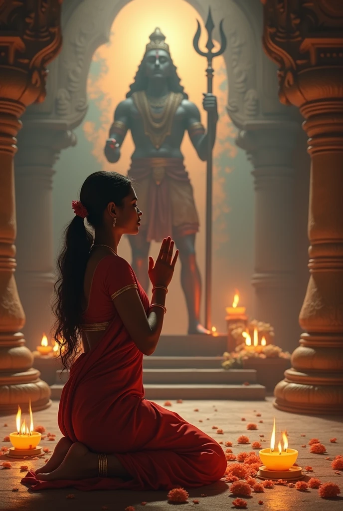 "Create an image of a woman praying to Lord Murugan. The woman should be depicted in traditional South Indian attire, kneeling or standing with folded hands in a gesture of deep reverence. She should be in a serene temple setting, surrounded by oil lamps, flowers, and incense, with the statue or image of Lord Murugan in the background. The expression on her face should convey devotion and peace. Murugan's Vel should be prominently featured, possibly in front of the deity or held by the woman, sy