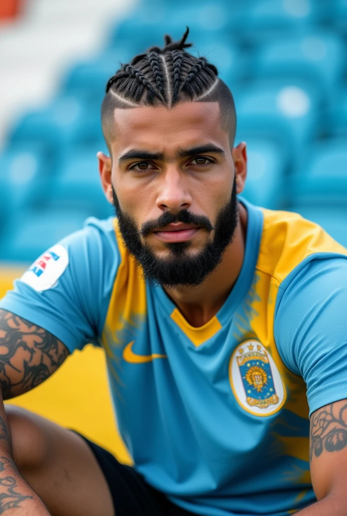 Young handsome attractive Muslim man with white skin brown eyes thick lips athletic body masculine energy and sexy black hair shaved on the sides with gradient and braids defined chin trimmed beard colorful tattoo wearing in a light blue and white stadium sitting on the grass with Uruguay shirt happy wide photo
