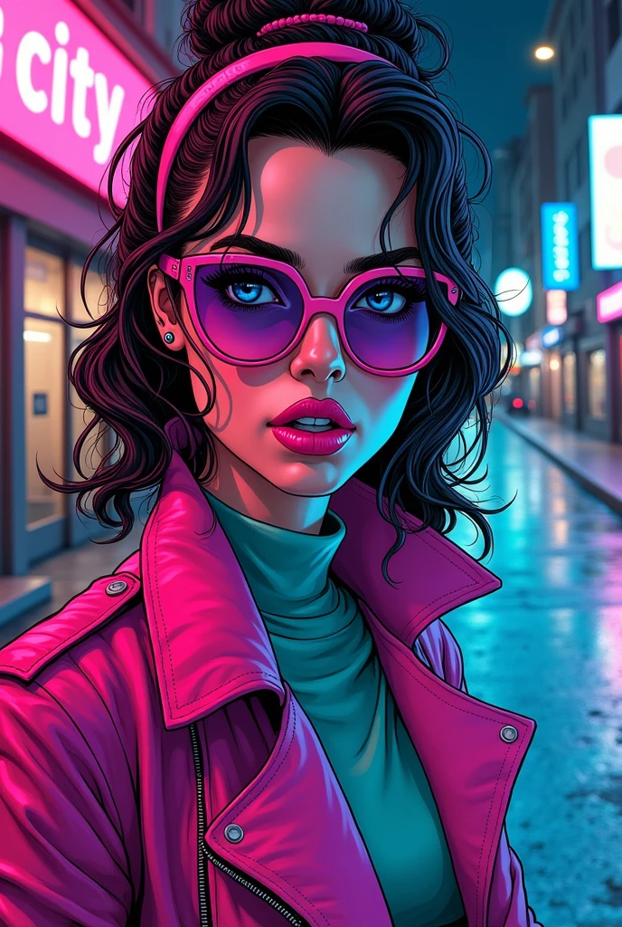 A vibrant 1980s cyberpunk illustration of a woman with wavy hair in a vintage updo, wearing a pink headband and oversized sunglasses with purple gradient lenses. Her striking blue eyes and neon pink lips add to her bold, mysterious look. She sports a glossy magenta leather jacket with a high collar, revealing a teal inner layer. The background features a neon-lit city street at night, with signs like 'CITY' in cyan and 'SOLAR' in magenta, reflecting on wet asphalt. The color palette is neon-heavy, with a comic book style and bold outlines