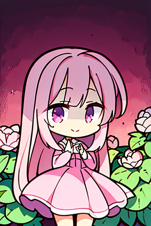 Perfect face. Perfect hands. A pink haired woman with violet eyes with an hourglass figure in a pink dress is smiling while posing in a garden of peonies