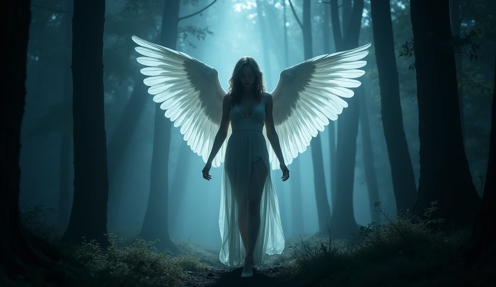 Enchanting Angelic Guide in Shadowy Forest: An enchanting angel with seductive features and partially exposed skin guides the way through a shadowy forest illuminated by dark, ambient lights. Her radiant white wings and the powerful dubstep beats enhance the mystical, dark ambiance. The scene combines an otherworldly atmosphere with a sense of exhilarating darkness, ideal for a late-night adventure. Aim for realistic depiction, make sure photos are at highest resolution (8K).