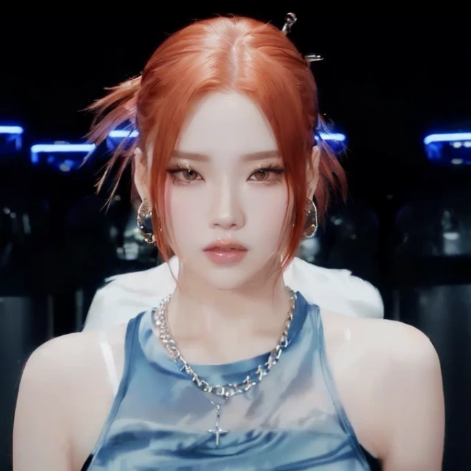 a close up of a woman with red hair and a necklace, kda, jossi of blackpink, portrait of jossi of blackpink, sun yunjoo, roseanne park of blackpink, jisoo from blackpink, portrait jisoo blackpink, unreal engine : : rave makeup, akihiko yoshida. unreal engine, heonhwa choe, 8k artgerm bokeh