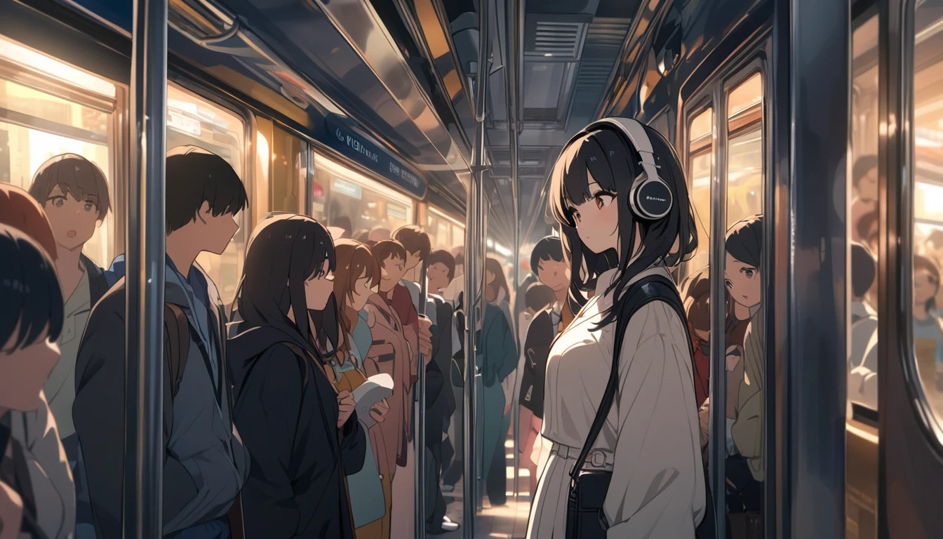 A woman with black hair and cute clothes standing on a crowded train,Streetscape、Listening to music with headphones、Japanese