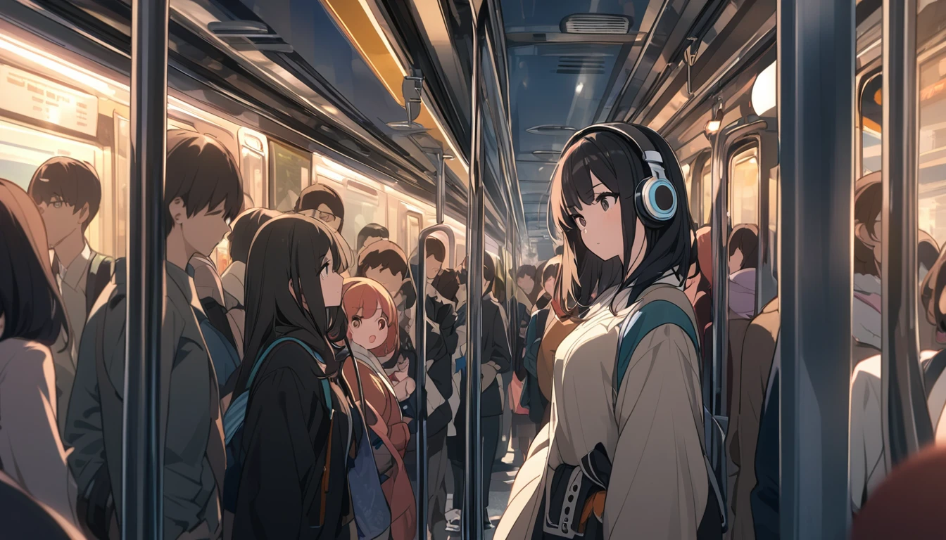 A woman with black hair and cute clothes standing on a crowded train,Streetscape、Listening to music with headphones、Japanese
