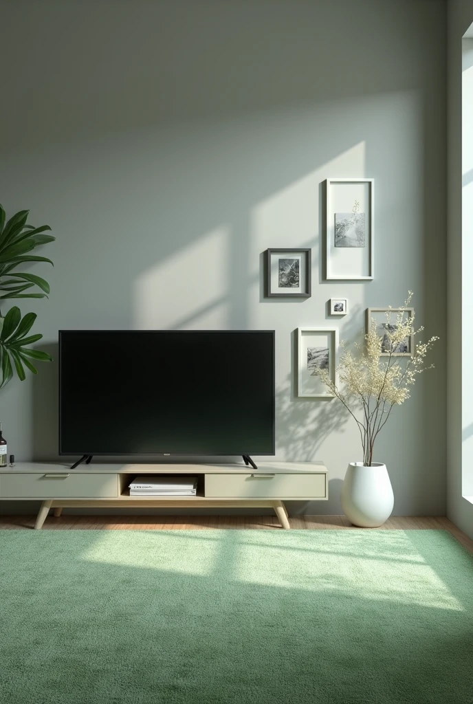 Create for me a picture of a room painted gray with green carpet with a 32 inches flat Television but on right side of TV should have a picture Gallery Wall with five different picture flame on the right side of TV