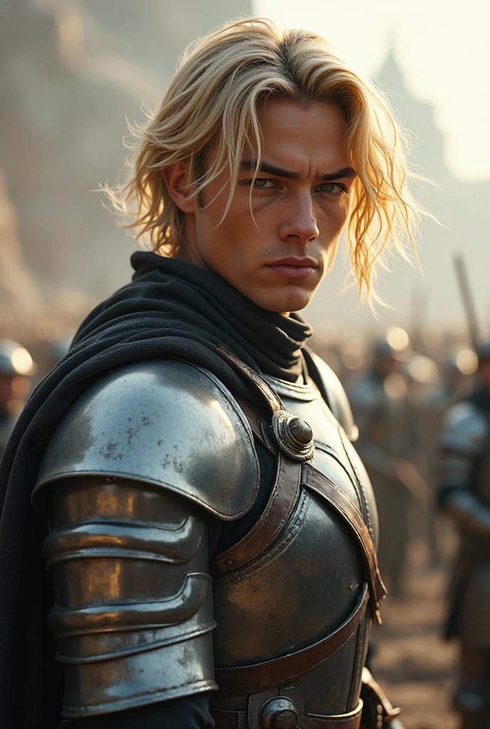 Create a handsome hellman soldier with silver armor, blonde hair above her shoulders and honey-colored eyes, that looks bad and has a bad smile. Don&#39;t make him old and don&#39;t give him a beard either 