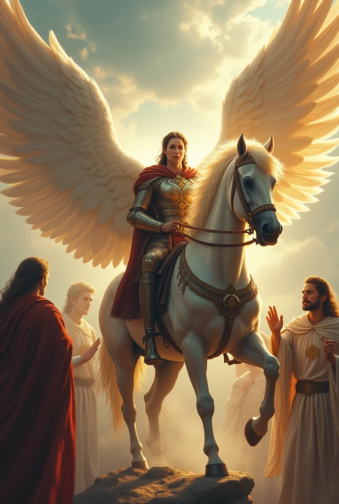 Assumindo as rédeas with a confidence that seems to ignite the air around you, Michael nods approvingly. The celestial warhorse rears up, its hooves clawing at the air, ready for your command."Thou art now equipped for the relentless strife that beckons," Gabriel's voice chimes in, serene yet stirring. "Heed not only thine own spirit but also the call of those who seek your guidance and protection."Raphael's gaze lingers on the shifting scene—a beacon of calm amidst the storm of anticipation. "With every heart thou emboldeneth, with every truth thou upholdeth, our alliance shall grow stronger." He raises his hand and from it blooms a light casting protective sigils around you—an armor unseen but felt profoundly within your soul.Mounted upon this divine beast of warfare, intertwined in purpose with these archangels before you, there is little space left for doubt or fear. You are anointed by power resonant with ancient promises and contemporary valor.