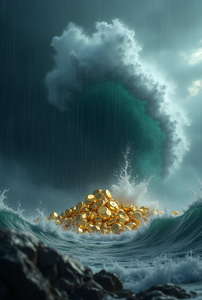 A minimalist, dark background, slightly blurred, depicting a storm.
A huge wave, hurricane, stormagainst the Gold & Silver. A massive w
ave, a hurricane, or storm that stands no chance against gold and
silver.