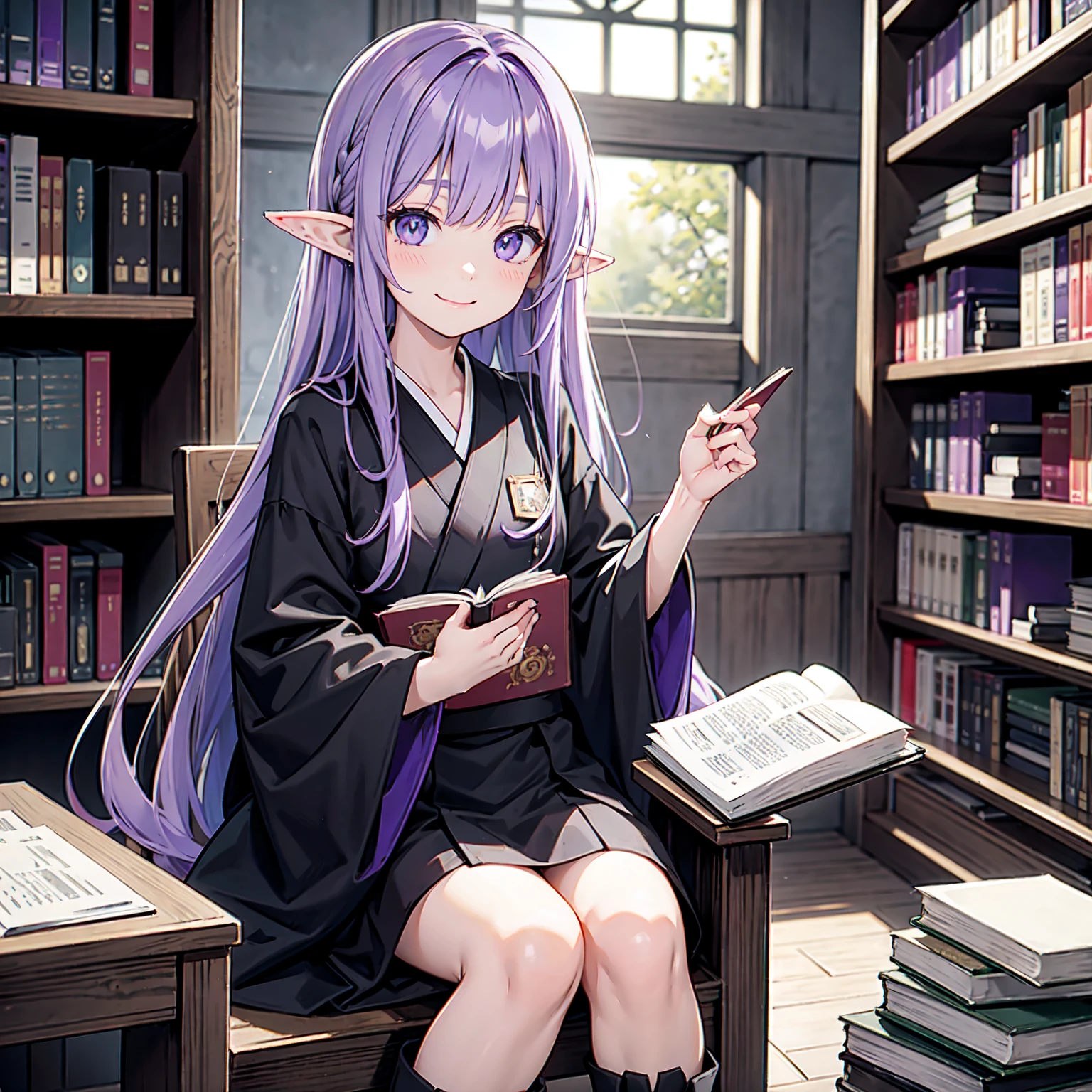 Purple hair. Girl with long purple straight hair. Elf ears. Her clothes are simple: a black robe with wide sleeves and a black miniskirt. Her knees stick out. V-shaped white inserts on the front like a kimono. Black boots. She is sitting in a wooden chair in the library, reading with a happy smile on her face, her eyes on the book. Looking at a book. No other people in sight. An uninhabited, dilapidated library. Lots of bookshelves. A large number of bookshelves all around.