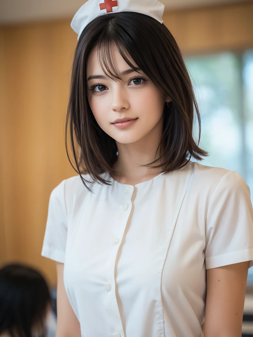1. Pure Woman,(Wearing white nurse clothes:1.2),(RAW Photos, Highest quality), (Realistic, photo-Realistic:1.4), masterpiece, Two very delicate and beautiful women, Very detailed, Great Skin, Detailed face, Cool smile、Clean look、 Sparkling eyes, double eyelid, Ample breasts、High resolution, Soft Light, Beautiful detailed girl, Very detailed eyes and face, Beautiful and sophisticated nose, nurse, Perfect ???????, Black Hair, Upstyle, nurse uniform, ((nurse cap)), hospital, clear, White Uniform, hospital room, ((High resolution)),  short hair, bangs,Face Focus、