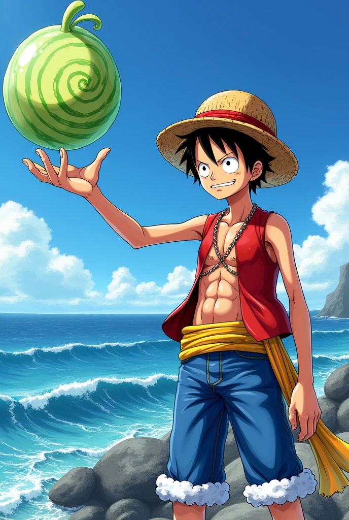 One piece, luffy segurando uma aluma no mi gum gum fruit