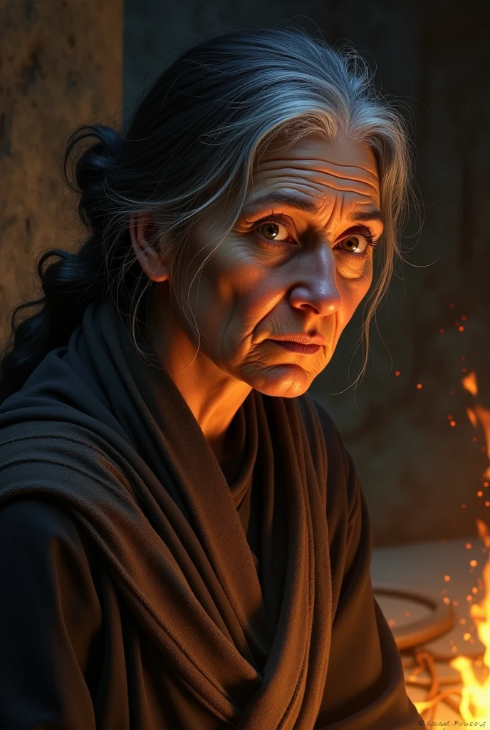 Create a woman with dark hair that has started to turn white due to her advanced age who is in the medieval period with a sad look looking forward with a firelight illuminating her front
