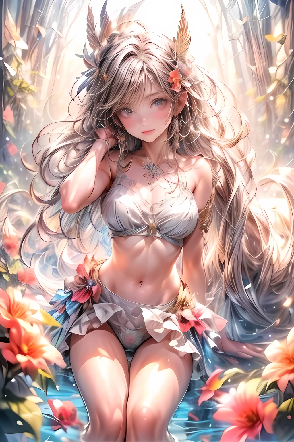 a cute centaur girl, elegant and gorgeous frilled bikini, fragrant flowers, bare shoulder, intricate detailed face, longeyelashes, detailed lips, detailed navel, detailed thigh, (best quality,4k,8k,highres,masterpiece:1.2),ultra-detailed,(realistic,photorealistic,photo-realistic:1.37),fantasy,digital art,concept art,warm colors,soft lighting,highly detailed