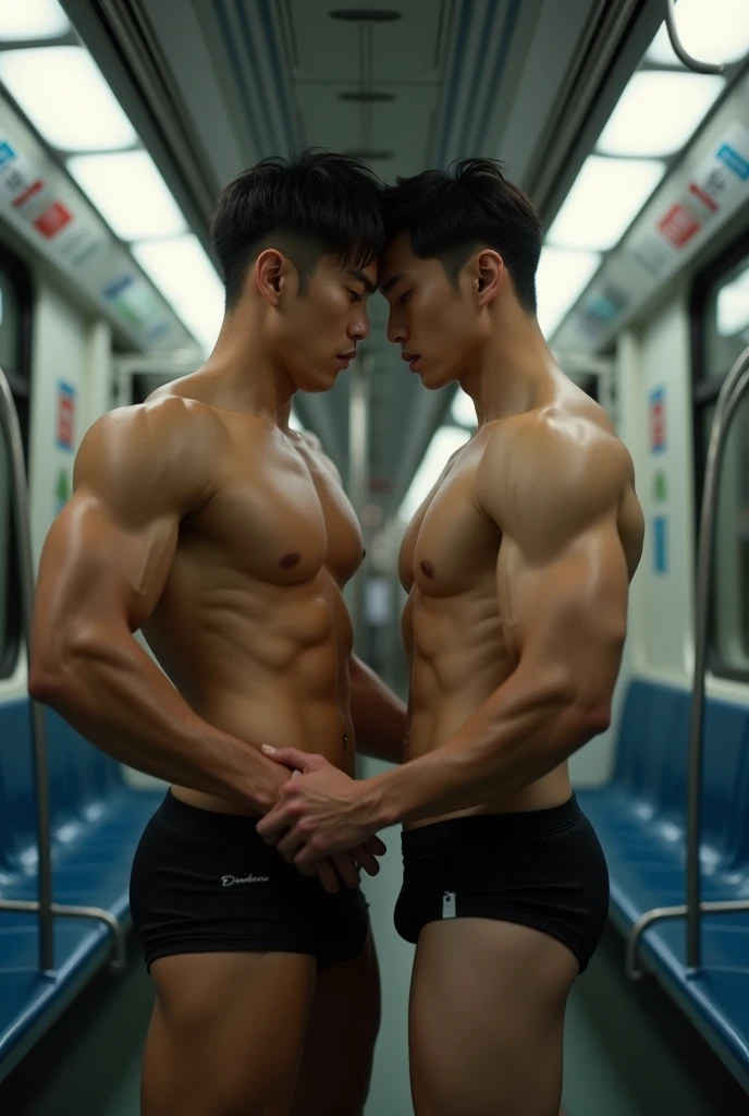 (Two masculine men in empty metro train), ((one is medium height handsome 20 year old korean bodybuilder man with cute face, standing in front, shocked expression, tight booty shorts,), (another one is tall handsome 30 years old horney Korean man, firmly grabbing the first mans body from behind, one hand on the stomach another is in the shorts)), sexy, gay, homoerotic, both are looking at the camera, very handsome, perfect facial features, sexy gaze, well defined muscles, perfect bare body, cinematic lighting, cinematic shadows, full body, fill frame, highly detailed, intricate details, photorealistic, sharp focus,