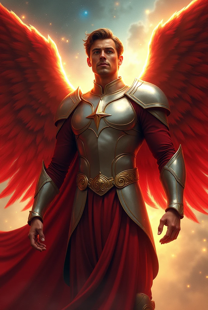 male character, Arcanjo Miguel, Astronomical images, details Intricate, realisitic, big red wings, angelic background, Catholic illustration image of Archangel Michael, Male Characters in the Bible, Michael wears angel armor, cosmic background, Archangel and backlighting, Full body image of an angel, Maximum detail and her angelic face and wings, Pele perfeita realisitic, The highest image quality, Miguel stands out in the image with strong and striking colors.