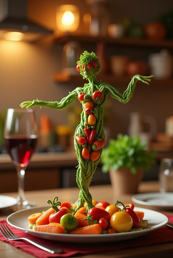 Create a whimsical and artistic scene featuring a single human-like figure made entirely of vegetable. This figure should appear to be dancing gracefully on a plate. The background should depict a cozy kitchen setting with warm, ambient lighting, creating a romantic and intimate atmosphere. Include elements such as a glass of red wine and a beautifully set table to enhance the mood.